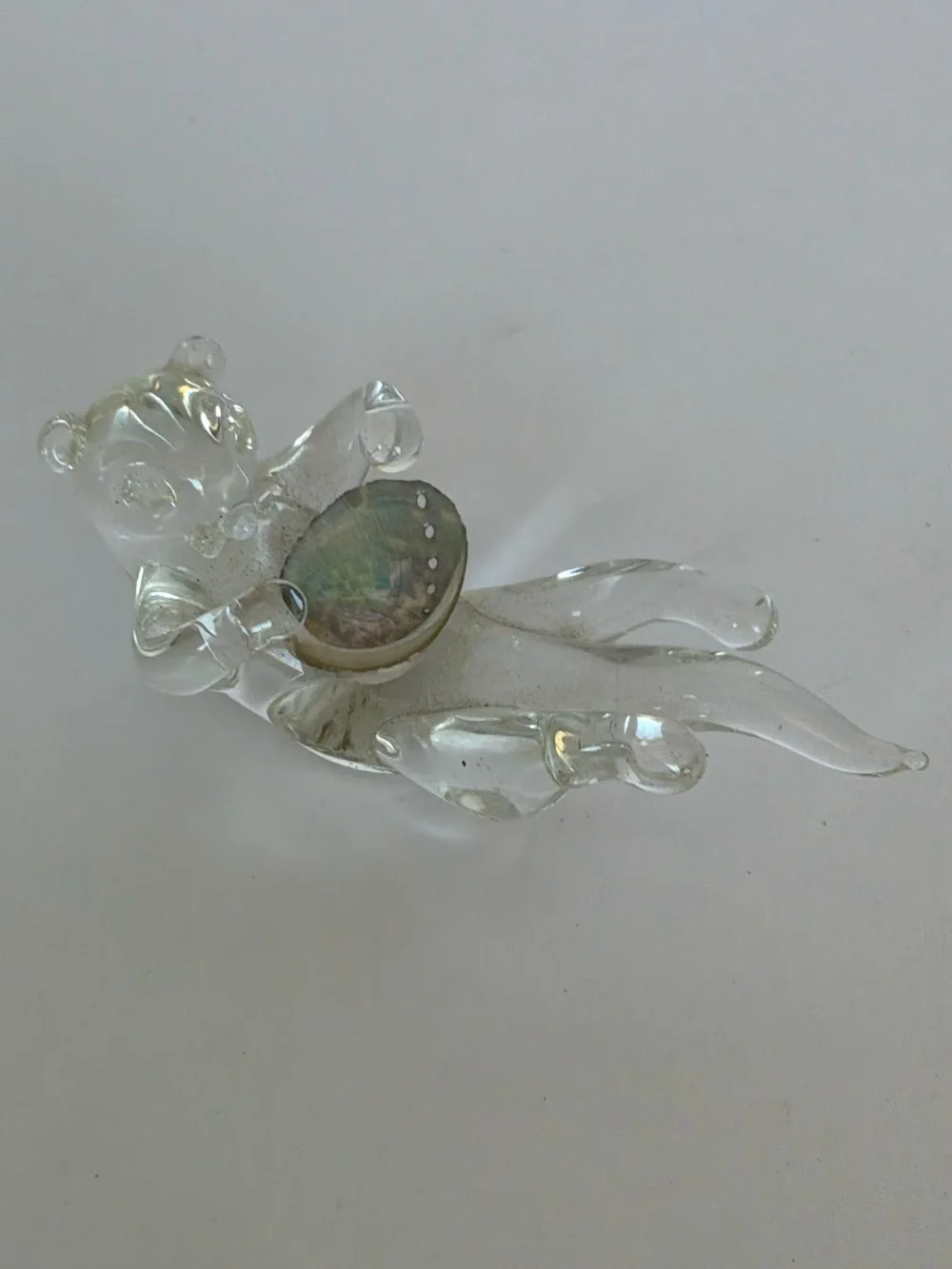 Hand Blown Clear Glass Sea Otter Figurine Holding Abalone Shell Trinket Dish